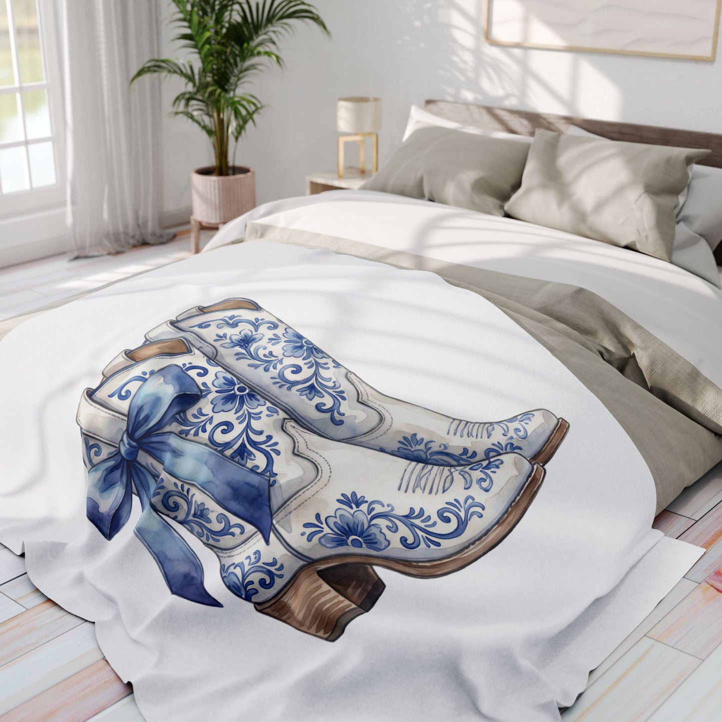 Blue Floral Cowboy Boots Fleece Blanket