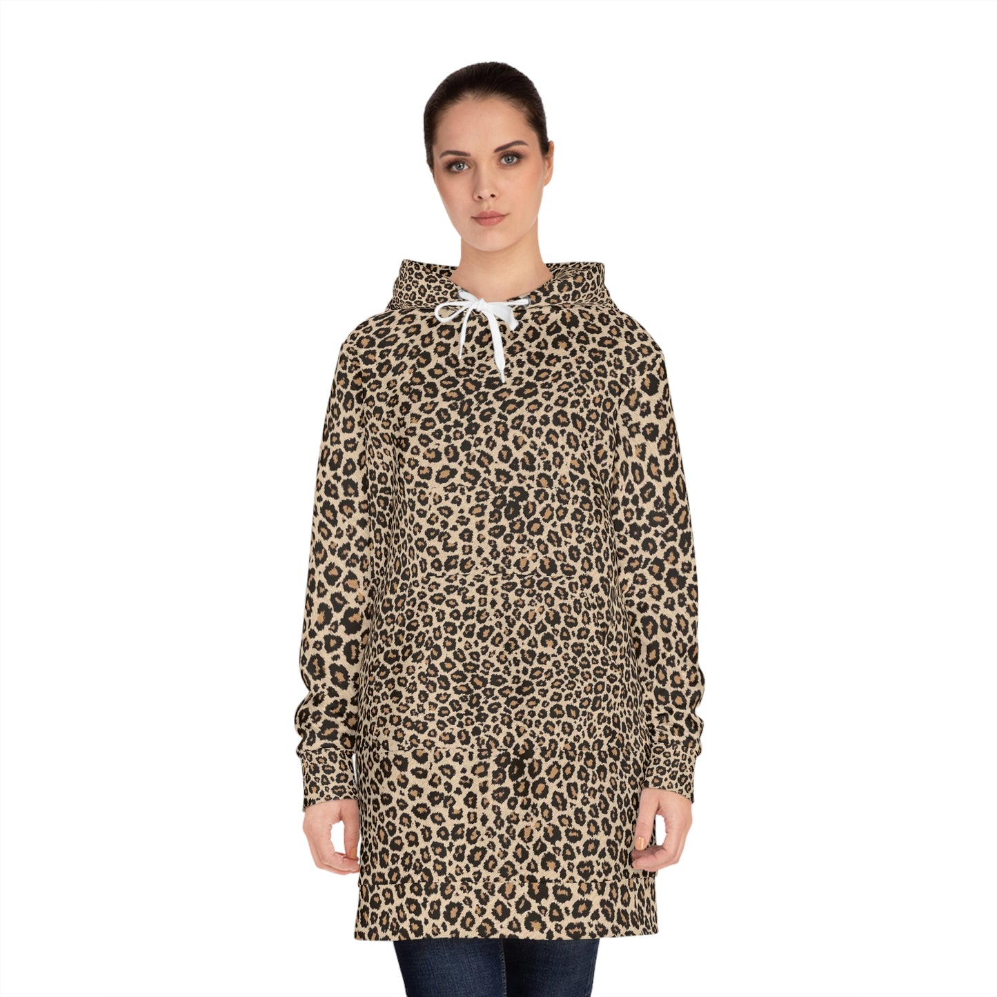 Leopard Print Hoodie Dress — Women's Cozy AOP Hooded Sweatshirt Dress
