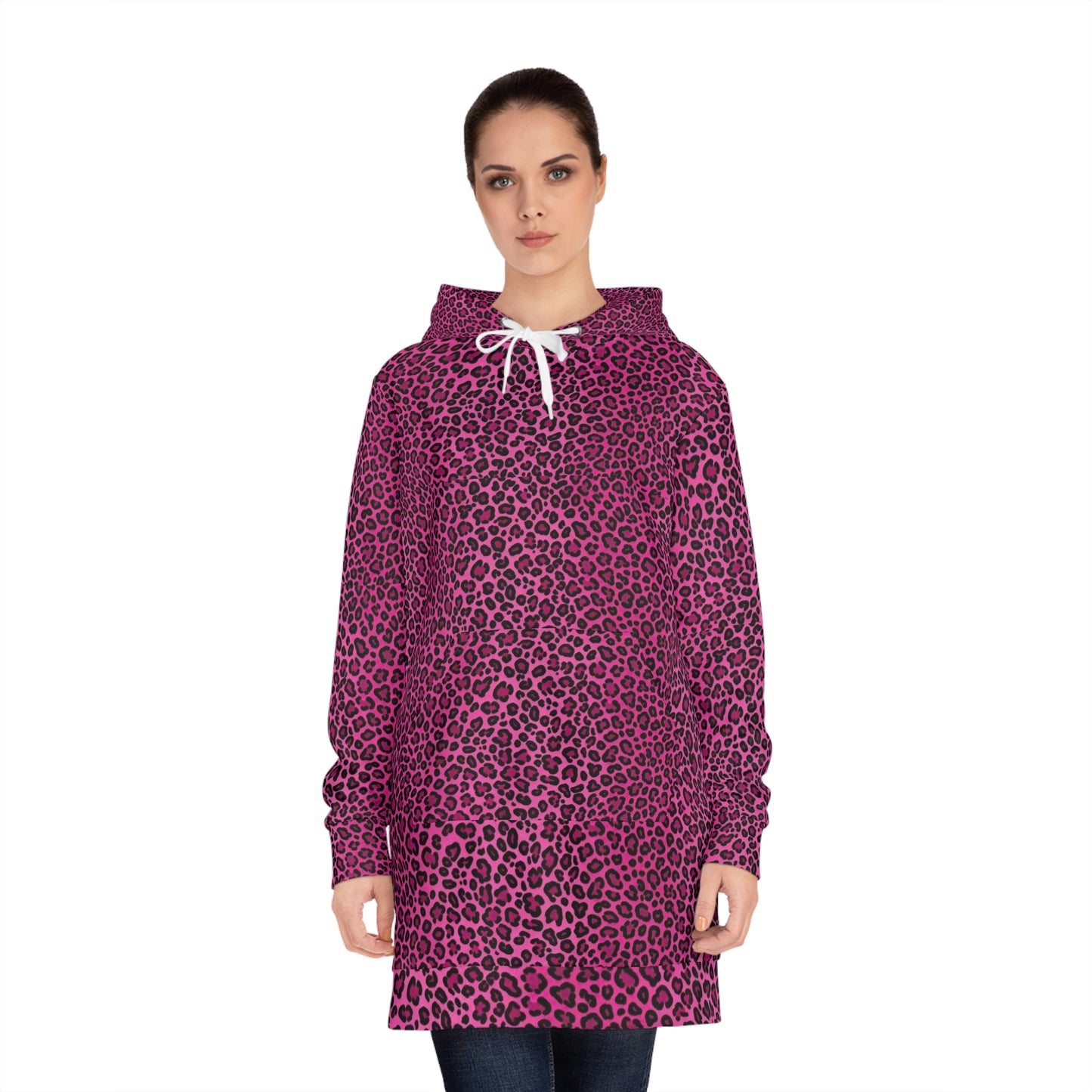 Pink Leopard Print Hoodie Dress — Women's Cozy AOP Hooded Tunic