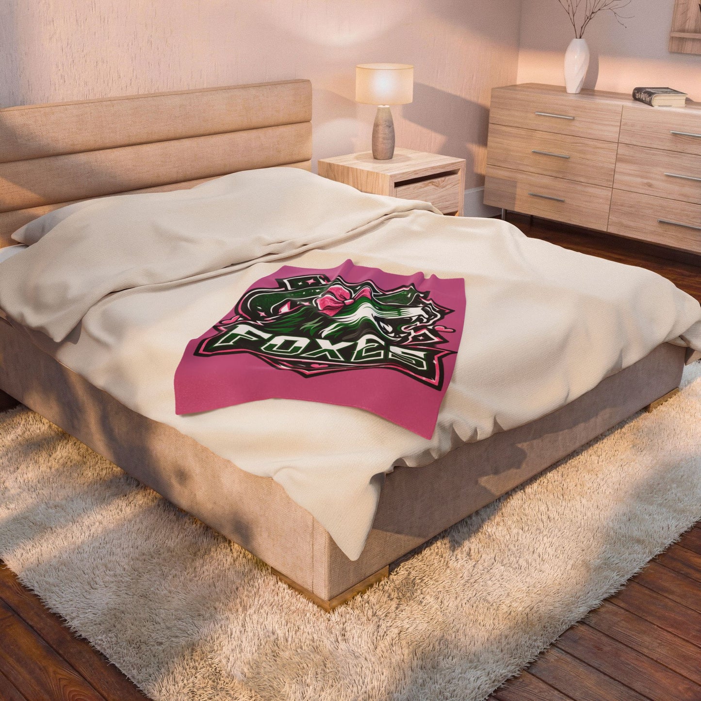 Foxes Team Velveteen Plush Blanket — Pink Mascot Fox with Bow