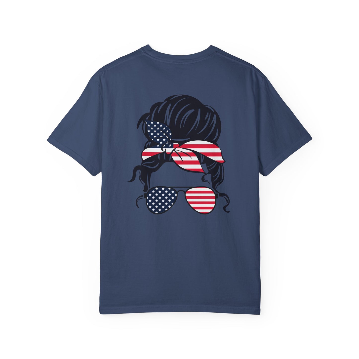Patriotic Messy Bun T-Shirt — American Flag Bandana & Sunglasses