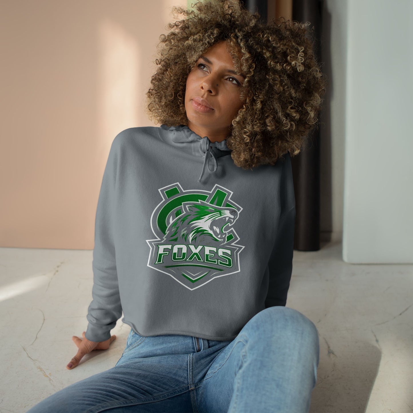 Foxes Mascot Crop Hoodie — Green Sports Team Logo