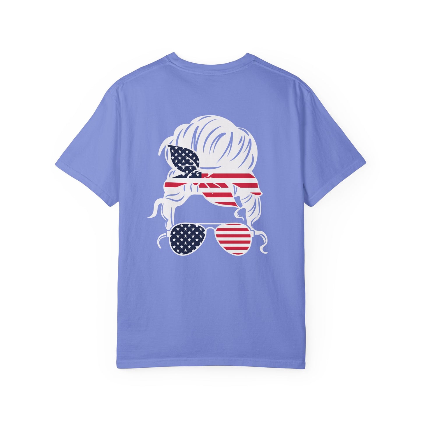 American Flag Messy Bun & Sunglasses with Patriotic Sunflower Back Tee