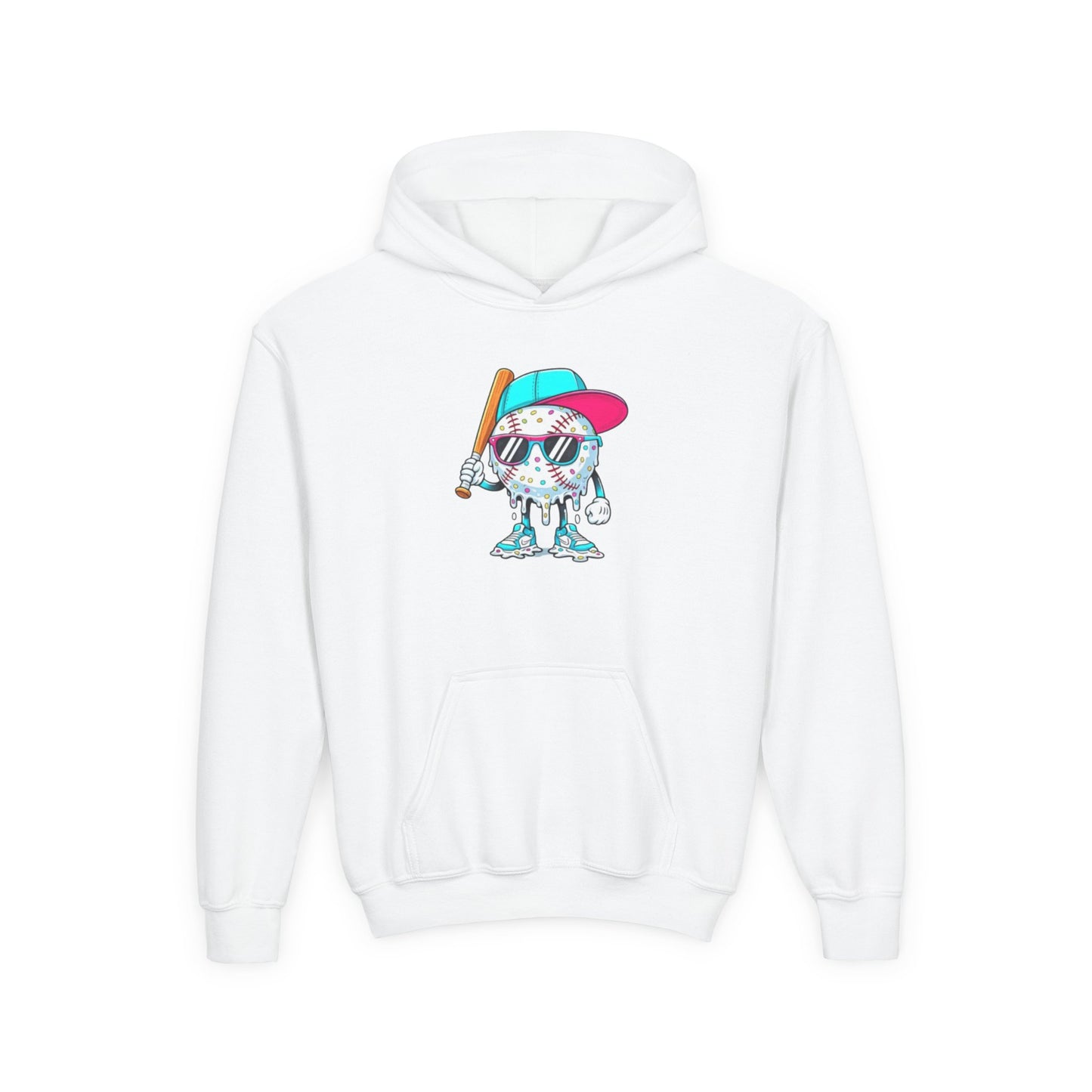 Youth Double Sided Baseball Hoodie — Colorful Dripping Ball & Cool Batter Graphic