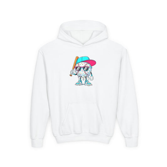 Youth Double Sided Baseball Hoodie — Colorful Dripping Ball & Cool Batter Graphic