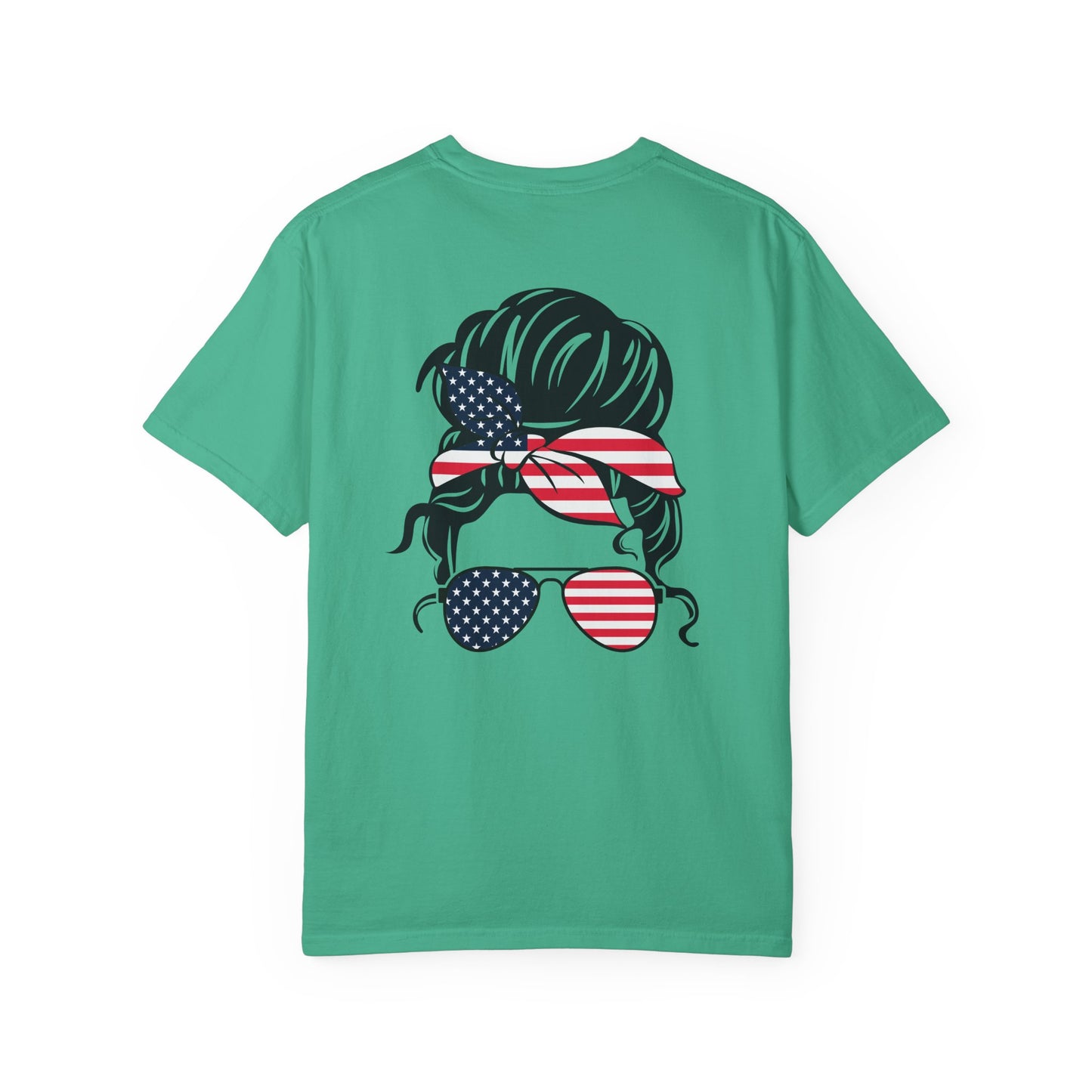 Patriotic Messy Bun T-Shirt — American Flag Bandana & Sunglasses