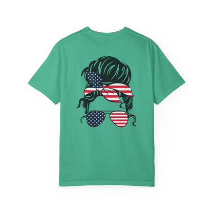 Patriotic Messy Bun T-Shirt — American Flag Bandana & Sunglasses