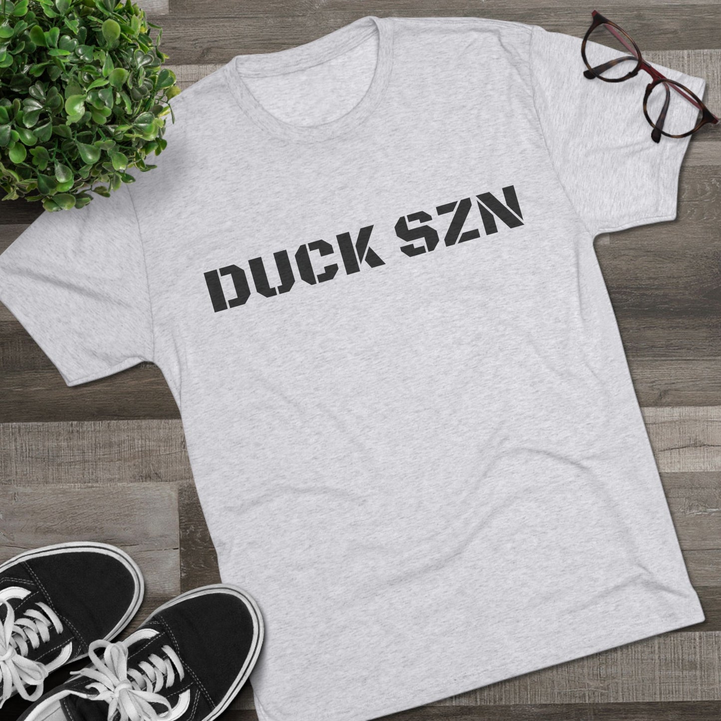 Duck SZN Tee — Camouflage Stamp Text Hunting Shirt for Duck Season
