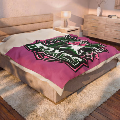 Foxes Team Velveteen Plush Blanket — Pink Mascot Fox with Bow