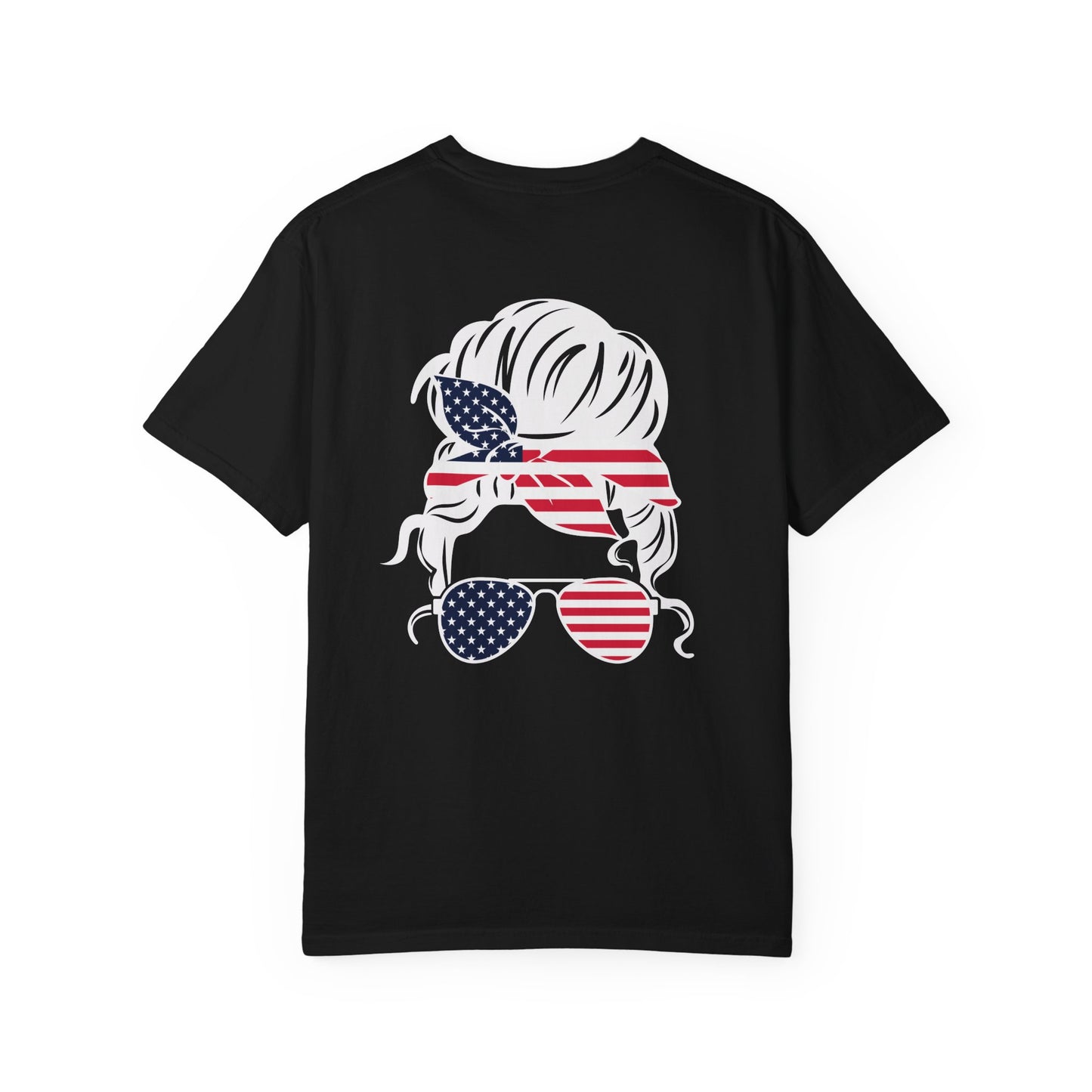 American Flag Messy Bun & Sunglasses with Patriotic Sunflower Back Tee