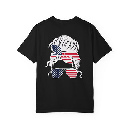 American Flag Messy Bun & Sunglasses with Patriotic Sunflower Back Tee