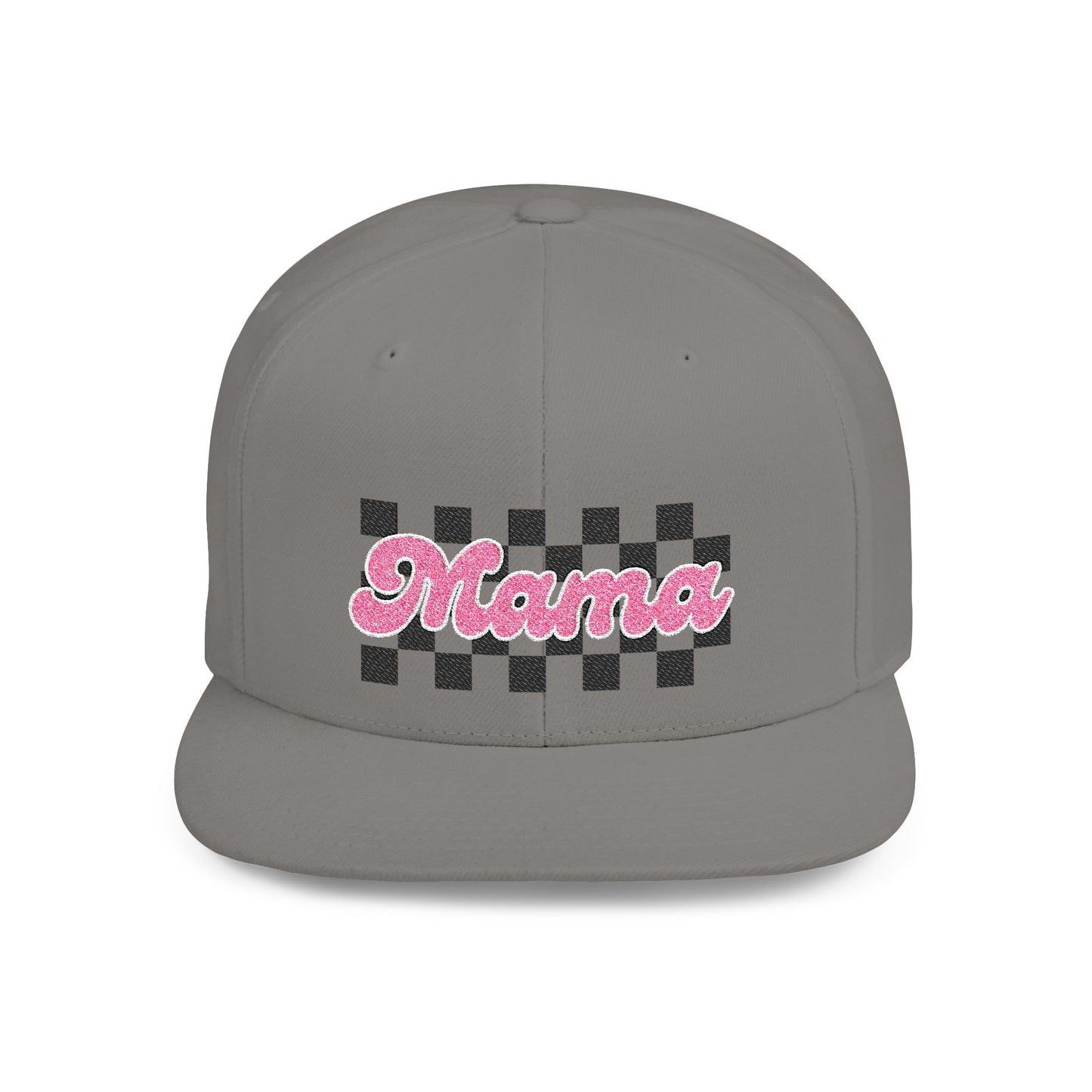 Mama Checkerboard Flat Bill Snapback Hat — Retro Pink Script Cap for Moms