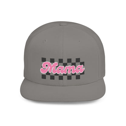 Mama Checkerboard Flat Bill Snapback Hat — Retro Pink Script Cap for Moms