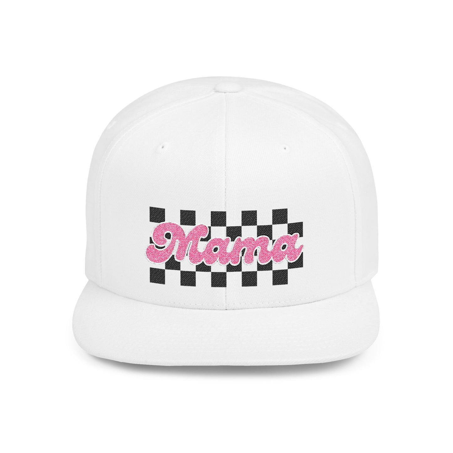 Mama Checkerboard Flat Bill Snapback Hat — Retro Pink Script Cap for Moms