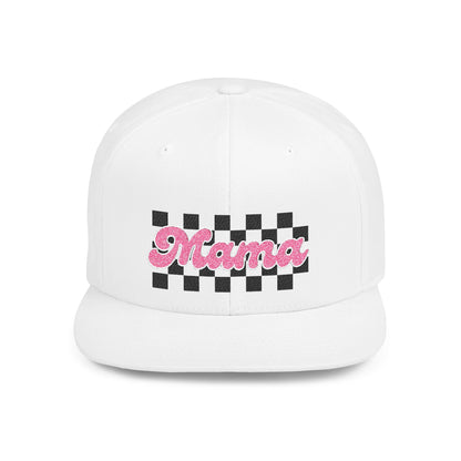 Mama Checkerboard Flat Bill Snapback Hat — Retro Pink Script Cap for Moms