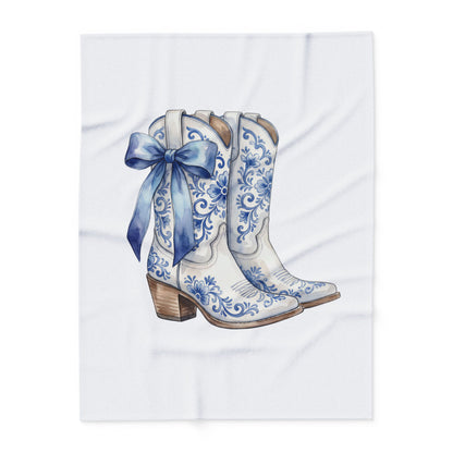 Blue Floral Cowboy Boots Fleece Blanket