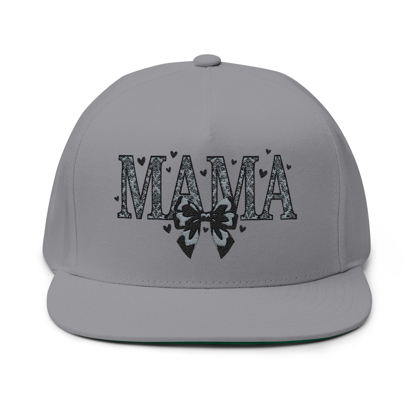 Mama Embroidered Flat Bill Cap — Floral Bow Mom Trucker Hat