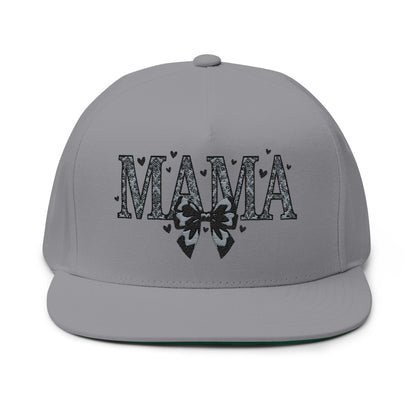 Mama Embroidered Flat Bill Cap — Floral Bow Mom Trucker Hat