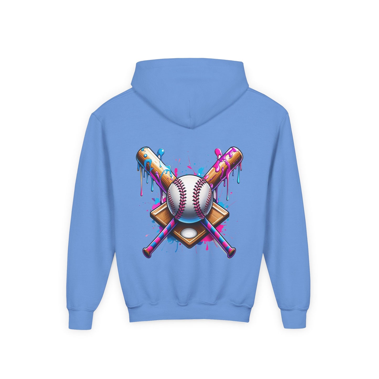 Youth Double Sided Baseball Hoodie — Colorful Dripping Ball & Cool Batter Graphic