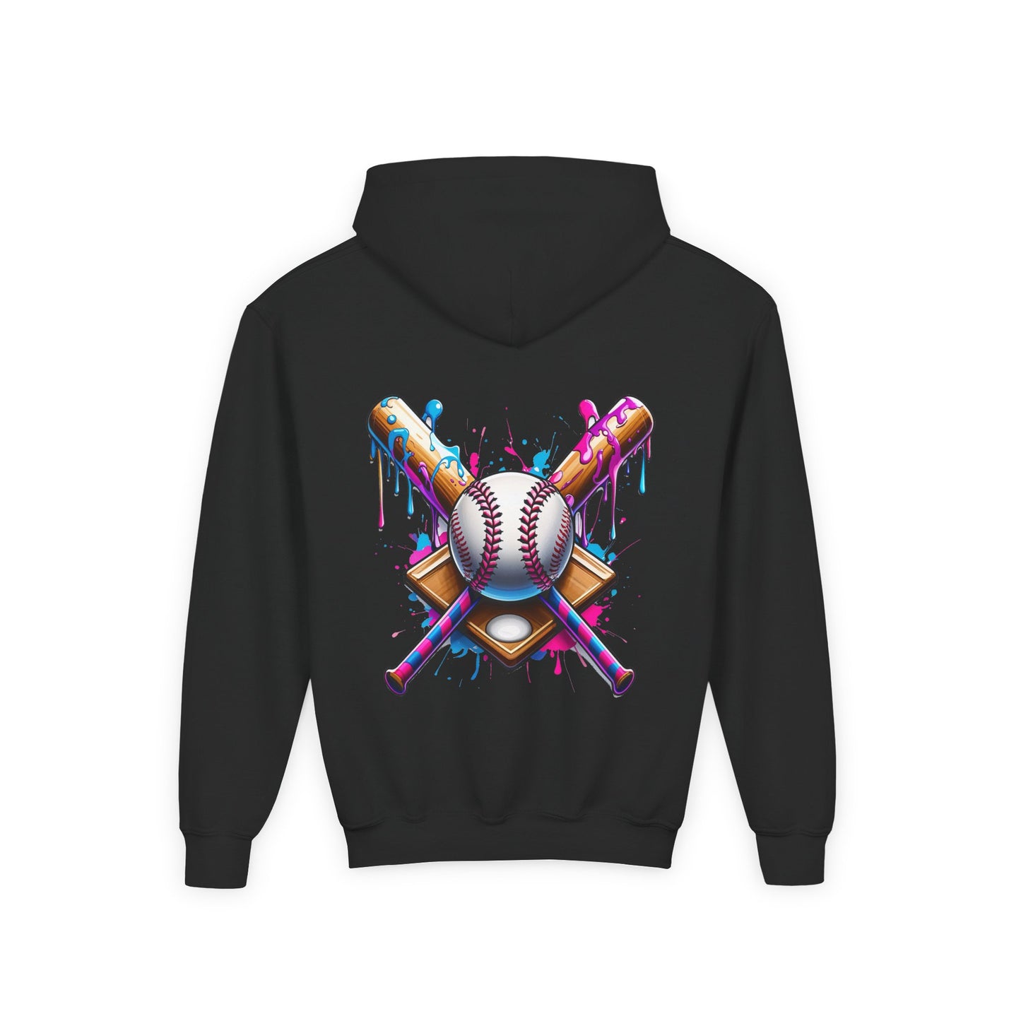 Youth Double Sided Baseball Hoodie — Colorful Dripping Ball & Cool Batter Graphic