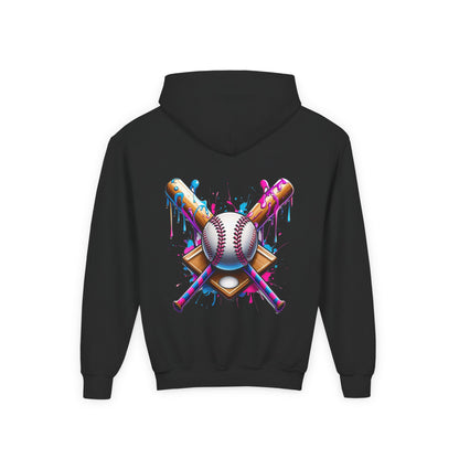 Youth Double Sided Baseball Hoodie — Colorful Dripping Ball & Cool Batter Graphic