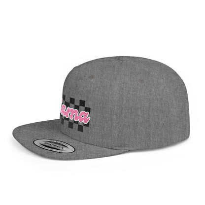 Mama Checkerboard Flat Bill Snapback Hat — Retro Pink Script Cap for Moms