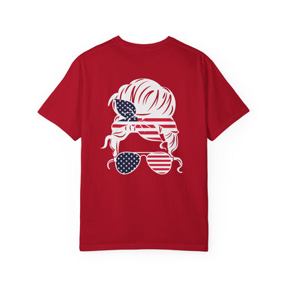 American Flag Messy Bun & Sunglasses with Patriotic Sunflower Back Tee