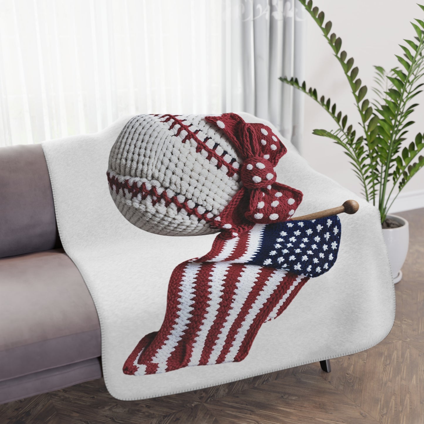 Patriotic Baseball Sherpa Blanket — American Flag & Bow Knit Design