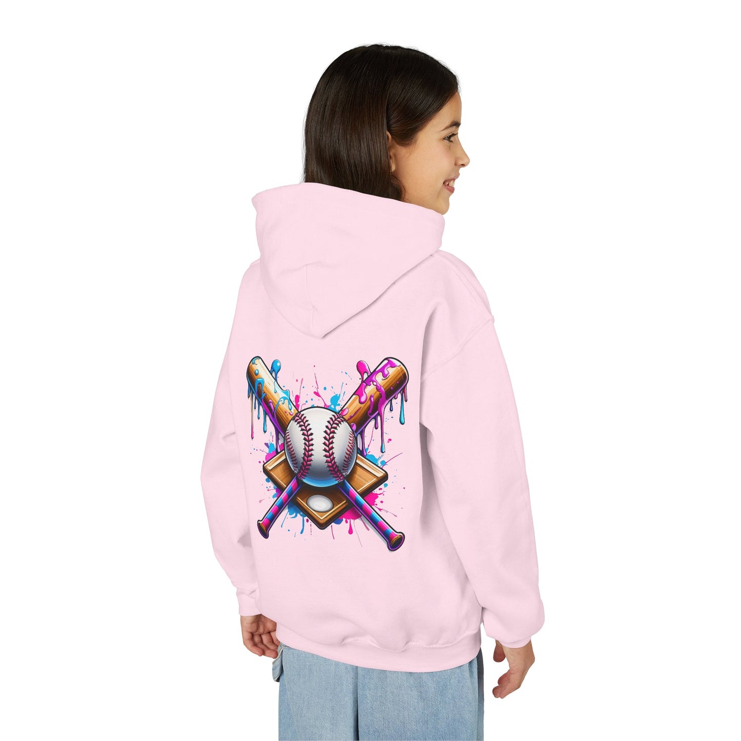 Youth Double Sided Baseball Hoodie — Colorful Dripping Ball & Cool Batter Graphic