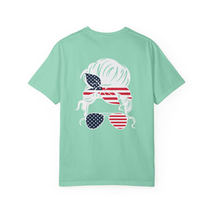 American Flag Messy Bun & Sunglasses with Patriotic Sunflower Back Tee