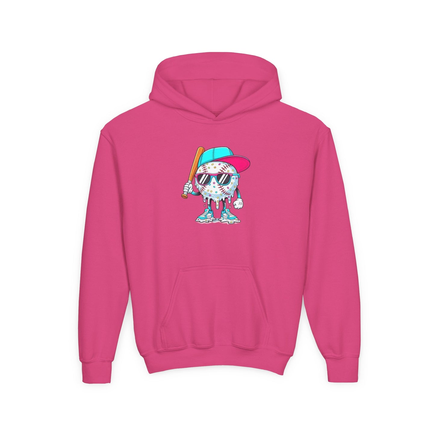 Youth Double Sided Baseball Hoodie — Colorful Dripping Ball & Cool Batter Graphic