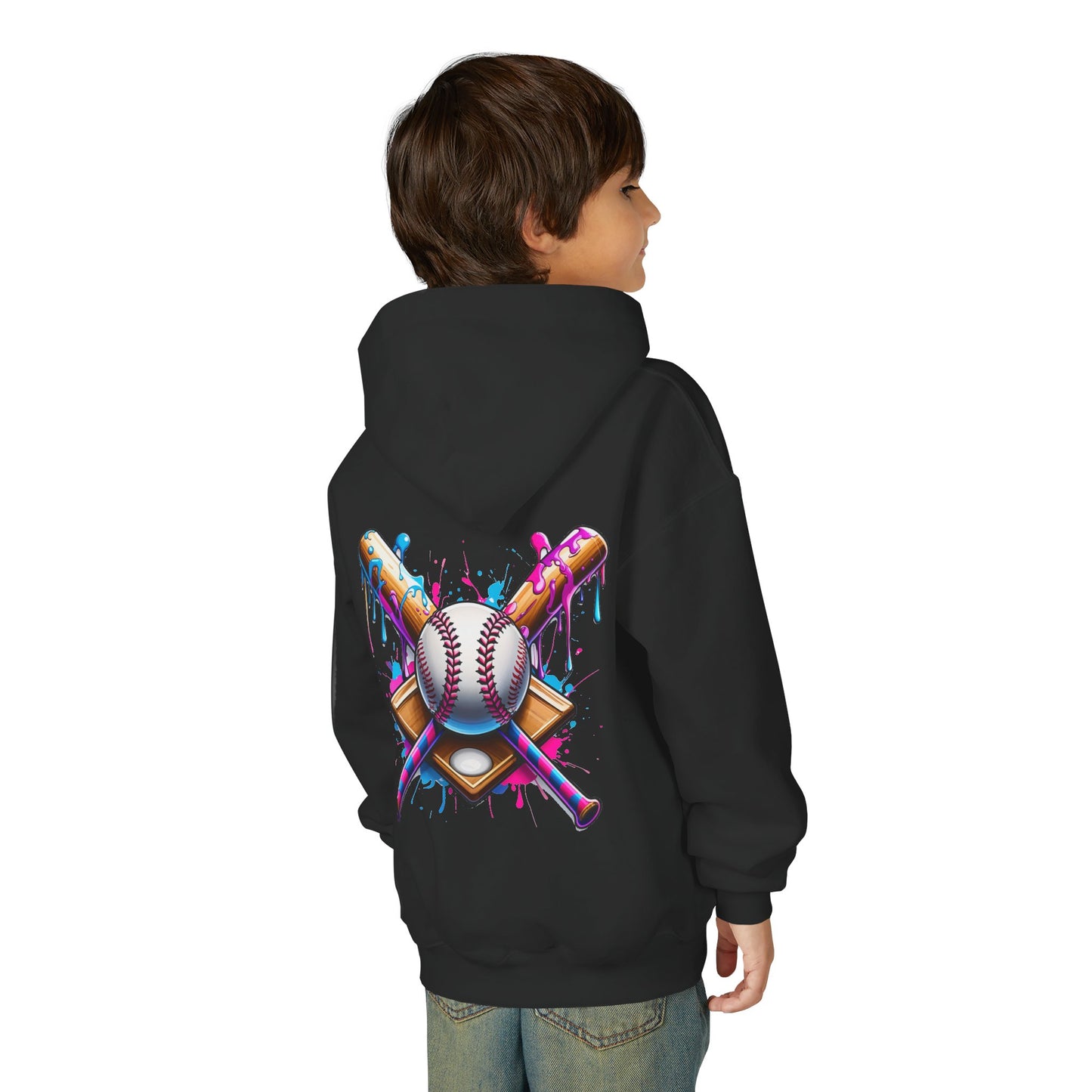 Youth Double Sided Baseball Hoodie — Colorful Dripping Ball & Cool Batter Graphic