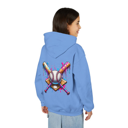 Youth Double Sided Baseball Hoodie — Colorful Dripping Ball & Cool Batter Graphic