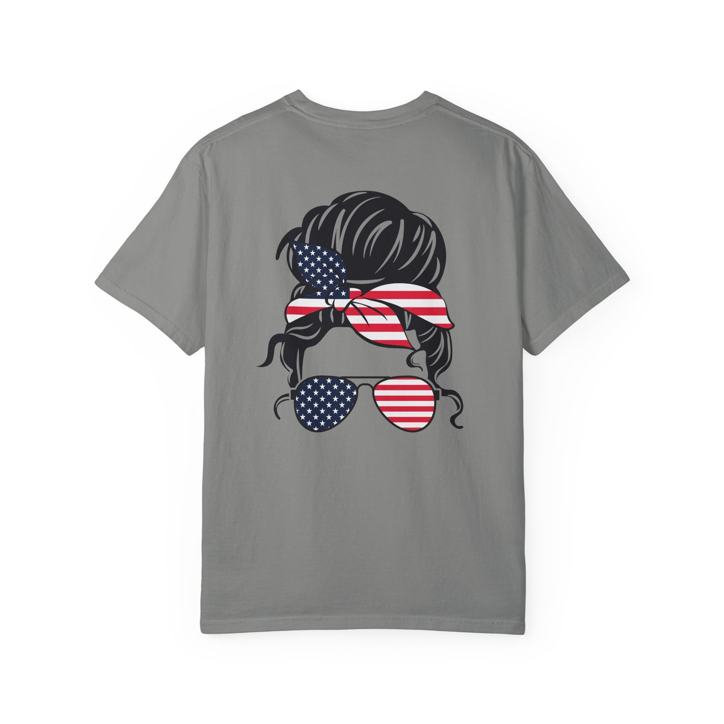 Patriotic Messy Bun T-Shirt — American Flag Bandana & Sunglasses