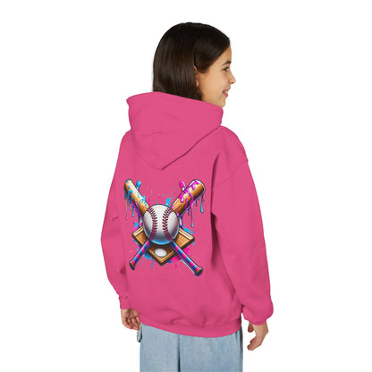 Youth Double Sided Baseball Hoodie — Colorful Dripping Ball & Cool Batter Graphic