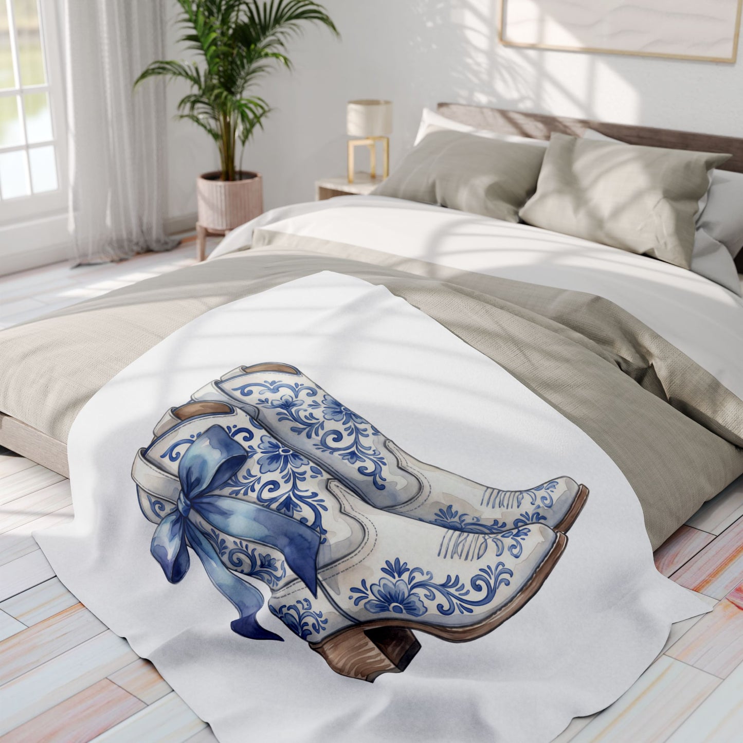Blue Floral Cowboy Boots Fleece Blanket