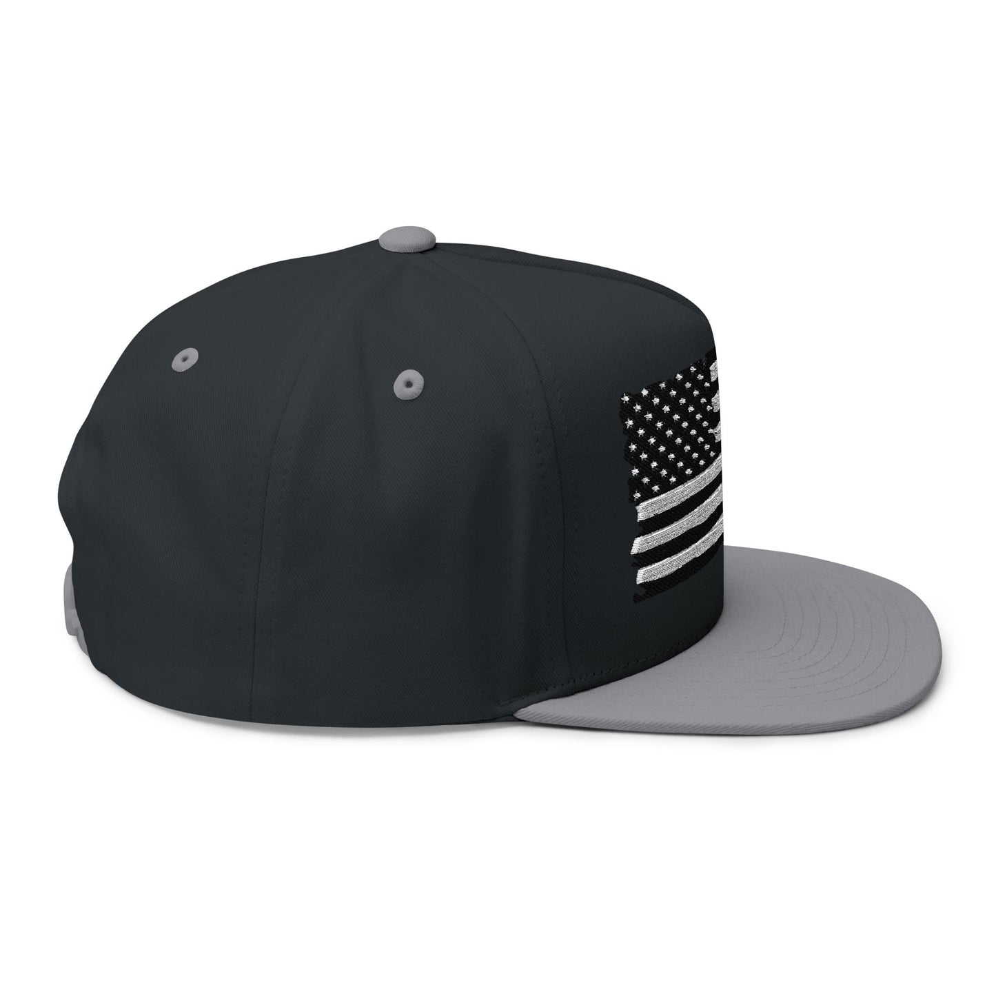 American Flag Flat Bill Cap — Distressed Embroidered USA Snapback