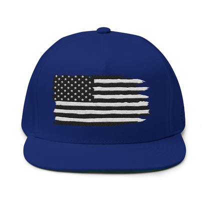 American Flag Flat Bill Cap — Distressed Embroidered USA Snapback