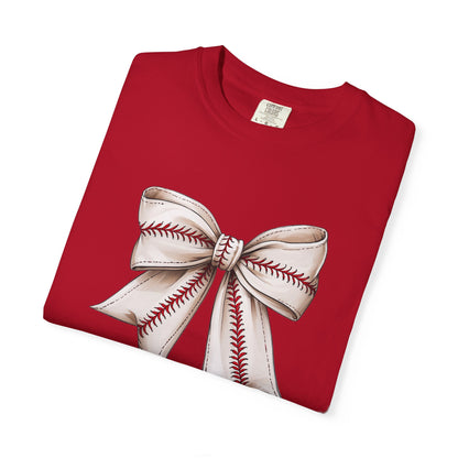 Baseball Stitch Bow T-Shirt — Cute Sports Ribbon Graphic Tee