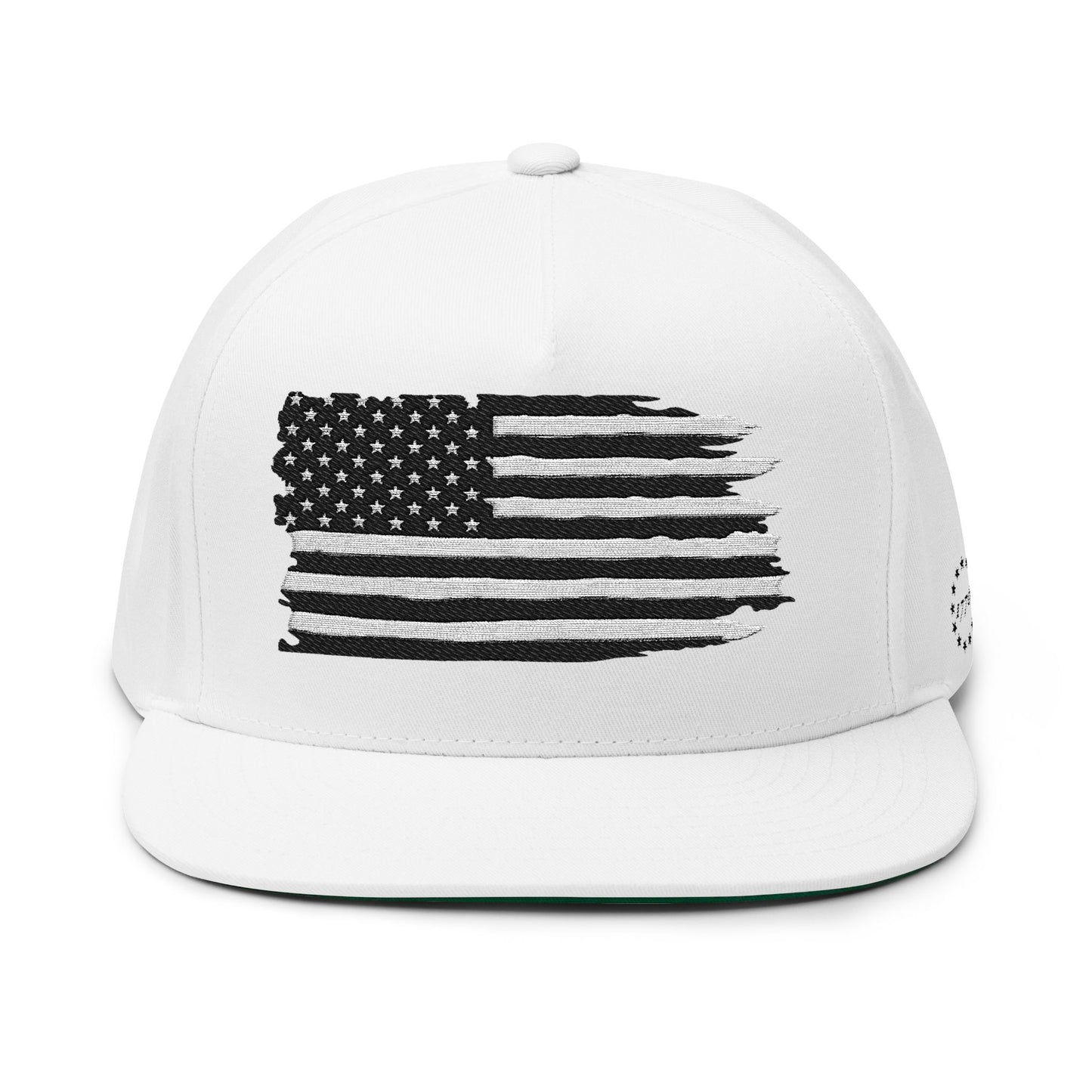 American Flag Flat Bill Cap — Distressed Embroidered USA Snapback