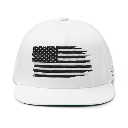 American Flag Flat Bill Cap — Distressed Embroidered USA Snapback