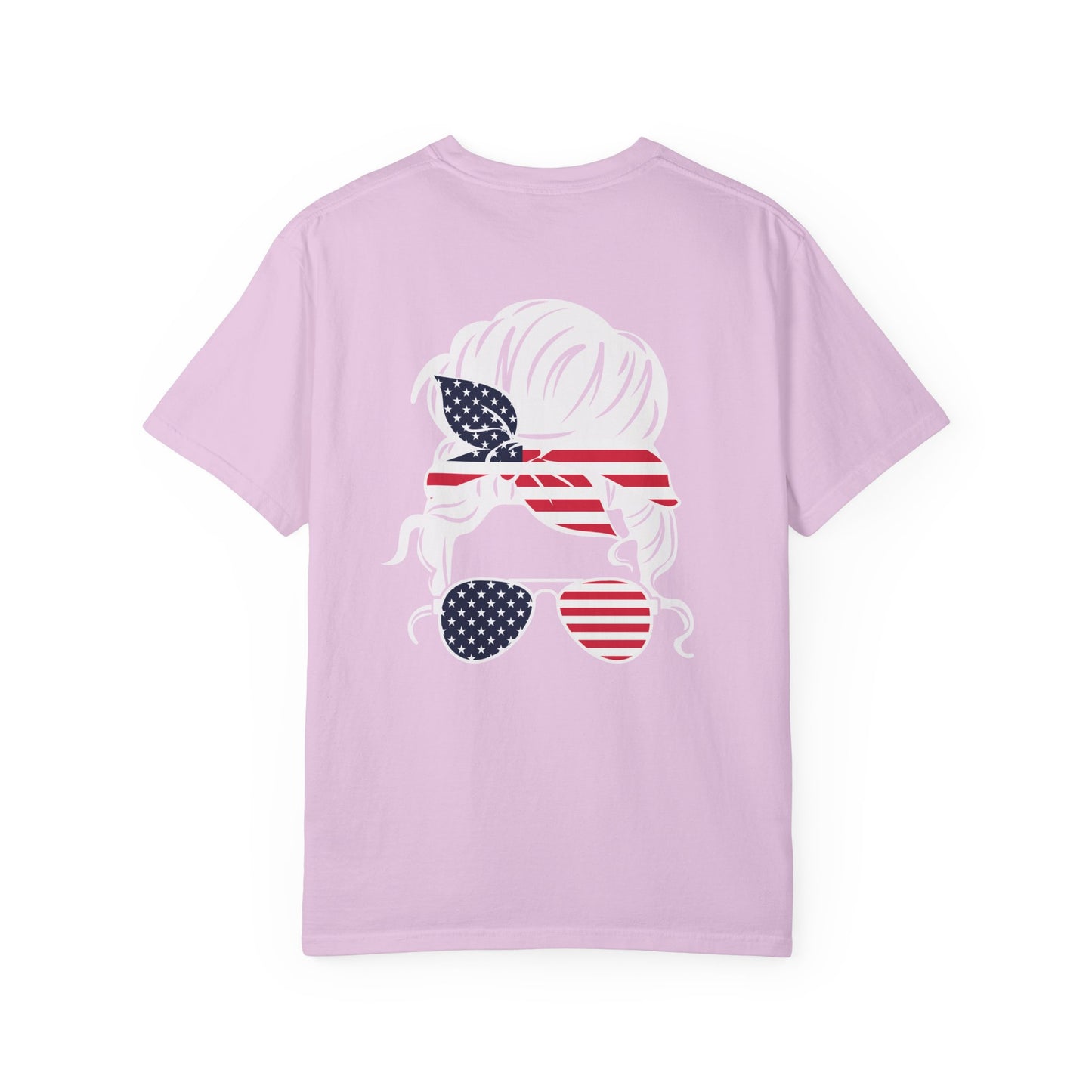 American Flag Messy Bun & Sunglasses with Patriotic Sunflower Back Tee