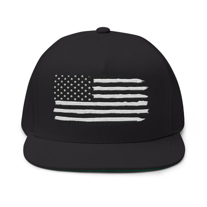 American Flag Flat Bill Cap — Distressed Embroidered USA Snapback