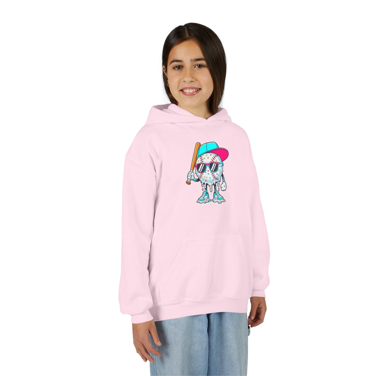 Youth Double Sided Baseball Hoodie — Colorful Dripping Ball & Cool Batter Graphic