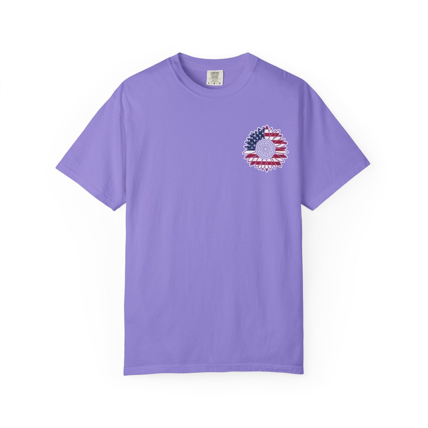 American Flag Messy Bun & Sunglasses with Patriotic Sunflower Back Tee