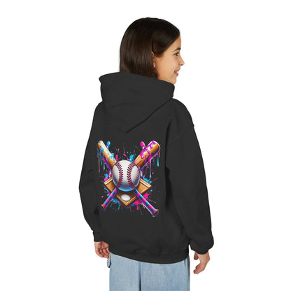 Youth Double Sided Baseball Hoodie — Colorful Dripping Ball & Cool Batter Graphic