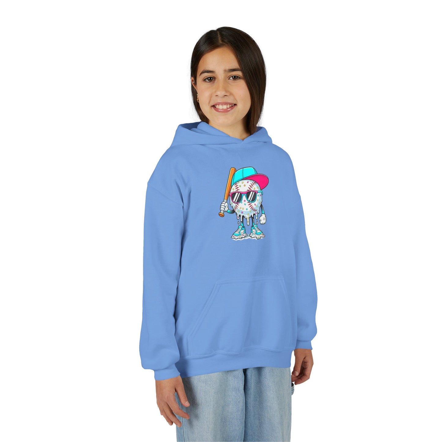Youth Double Sided Baseball Hoodie — Colorful Dripping Ball & Cool Batter Graphic