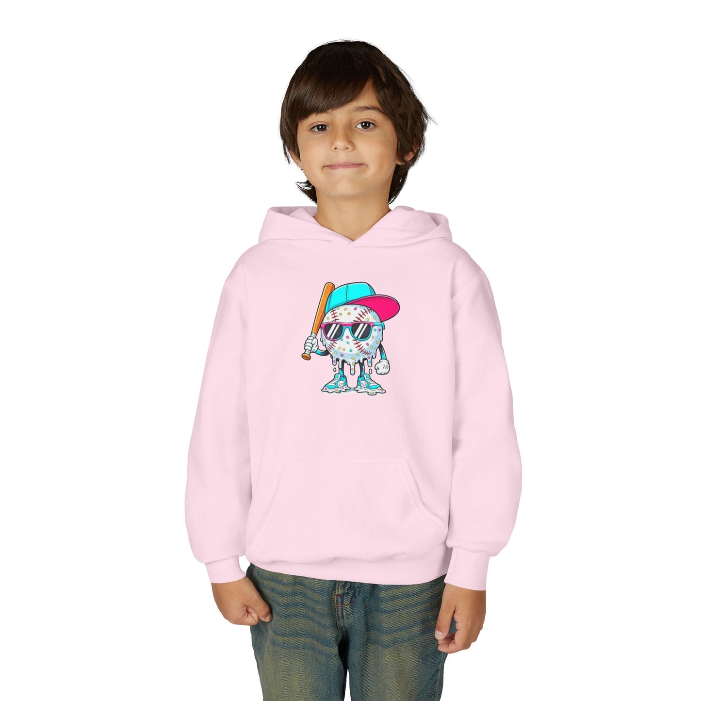 Youth Double Sided Baseball Hoodie — Colorful Dripping Ball & Cool Batter Graphic