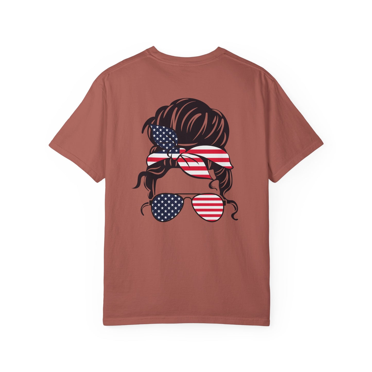Patriotic Messy Bun T-Shirt — American Flag Bandana & Sunglasses