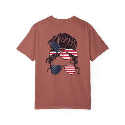 Patriotic Messy Bun T-Shirt — American Flag Bandana & Sunglasses